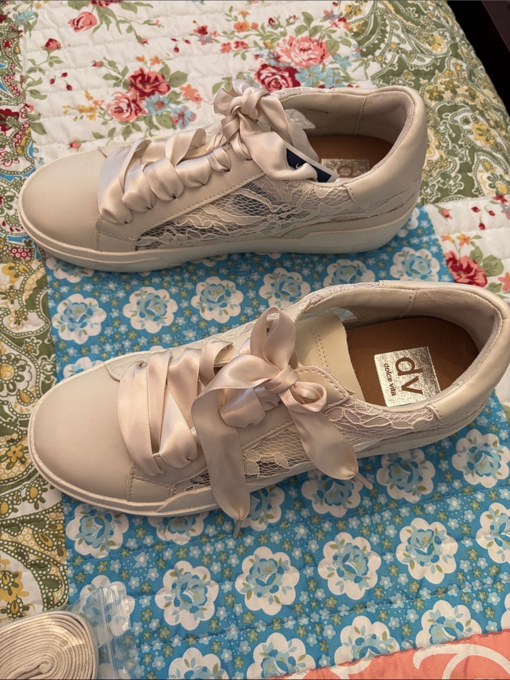 Dolce Vita White Satin Ribbon Lace Sneakers